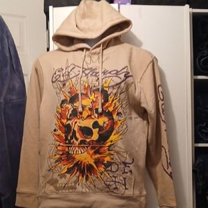 Ed Hardy Beige Skull Graphic Pullover Hoodie - Sz. M